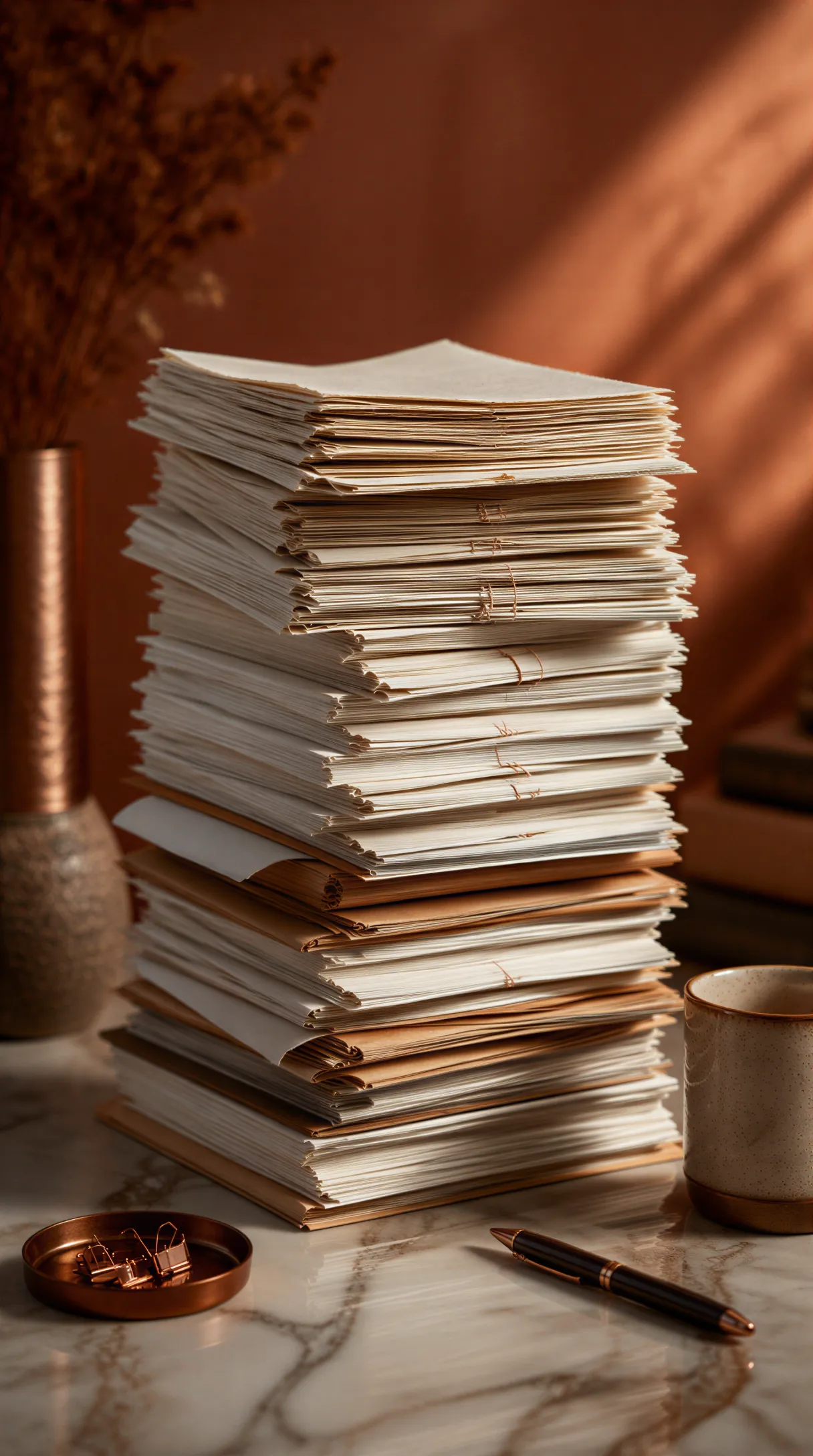 Tall stack of manuscript pages on marble, vertical still life